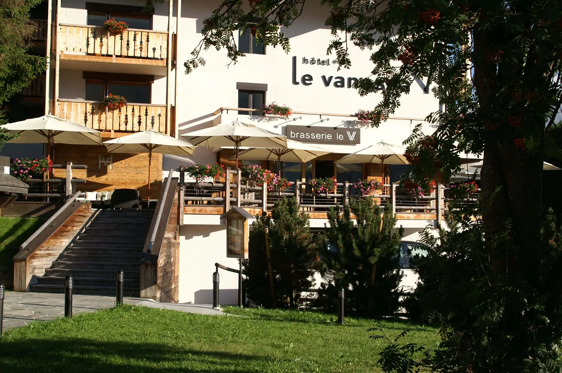 Hotel Vanessa and its terrace in summer, Verbier