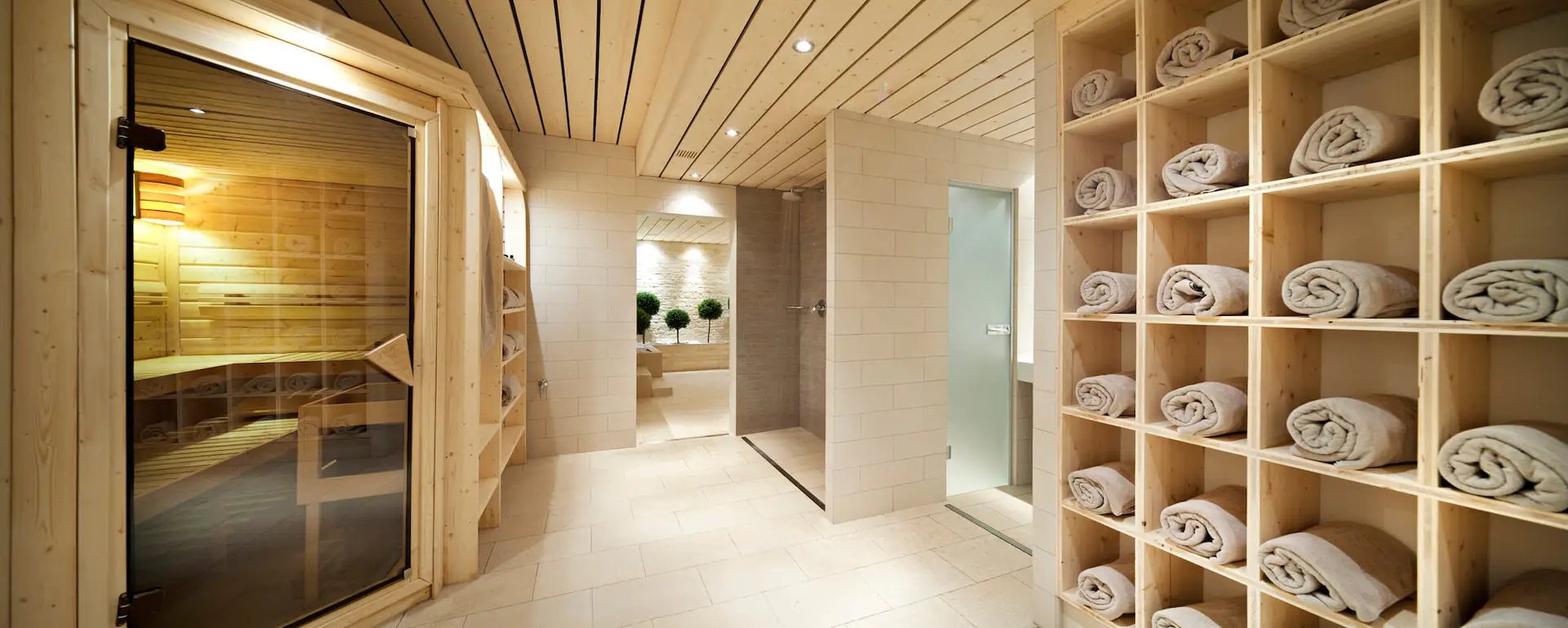 The sauna and towel shelves in the spa of Hotel Vanessa, Verbier